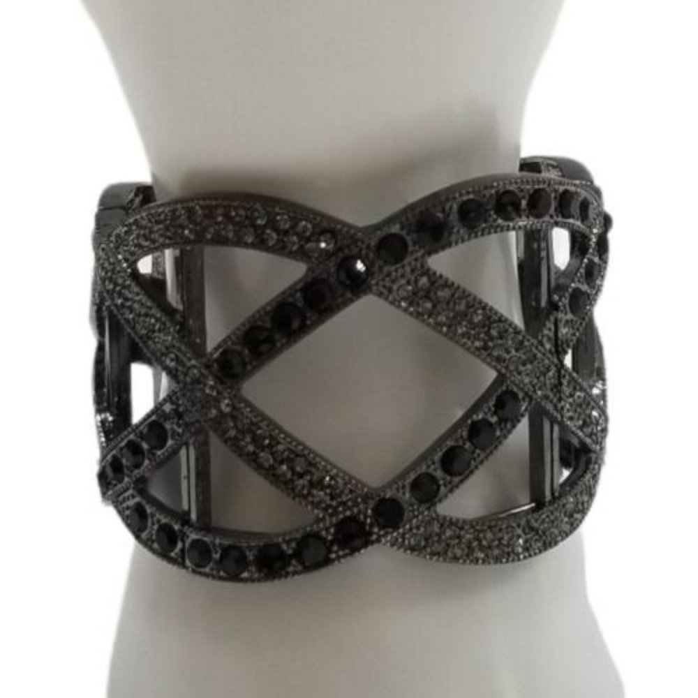 Dark Silver Black Crystals Rhinestone Woven Hollow Out Cuff Bangle Bracelet